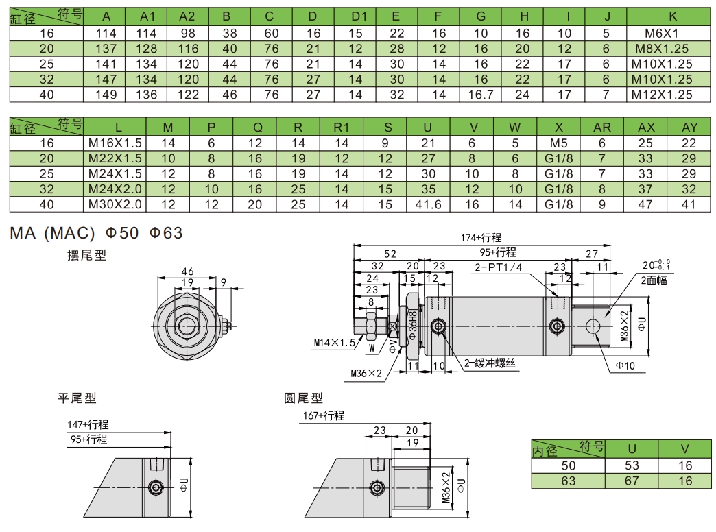 MA气缸尺寸